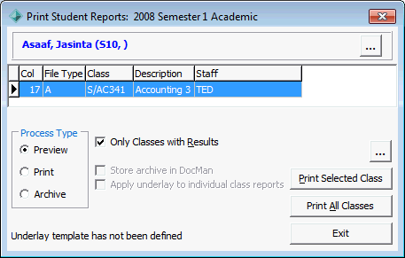 Print Student Reports window