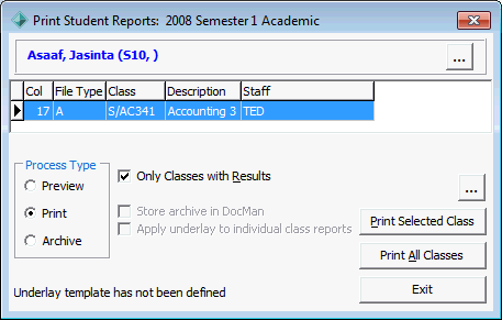 Print Student Reports window