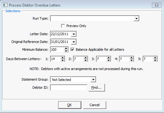 Process Debtor Overdue Letters window