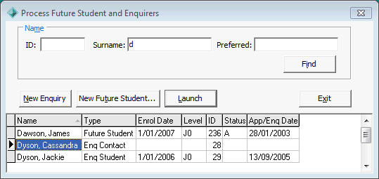 Process Future Student and Enquirers window