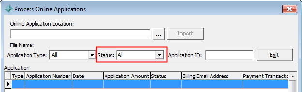 Process Online Applications window (cutdown, Status field highlighted)
