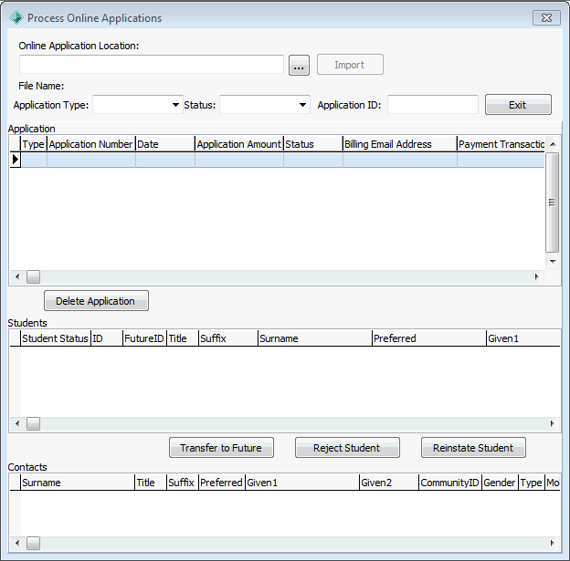 Process Online Application window