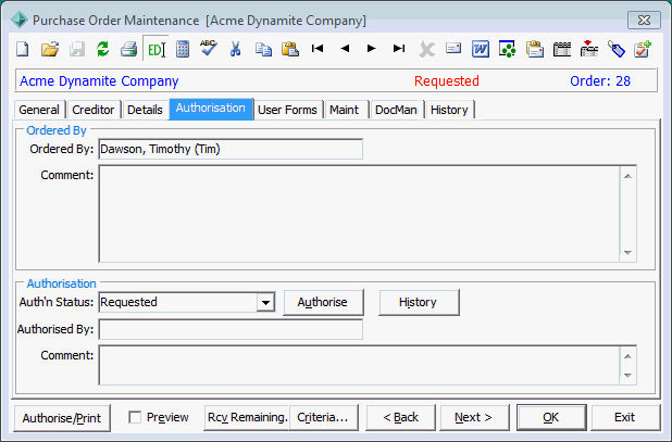 Purchase Order Maintenance - Authorisation tab