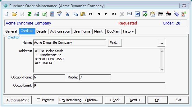 Purchase Order Maintenance - Creditor tab