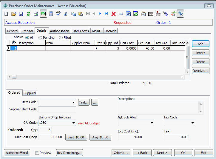 Purchase Order Maintenance - Details tab - Ordered sub-tab