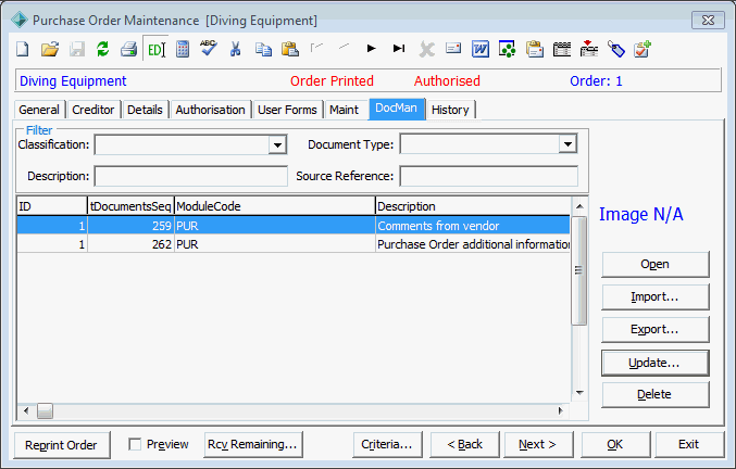 Purchase Order Maintenance - DocMan tab