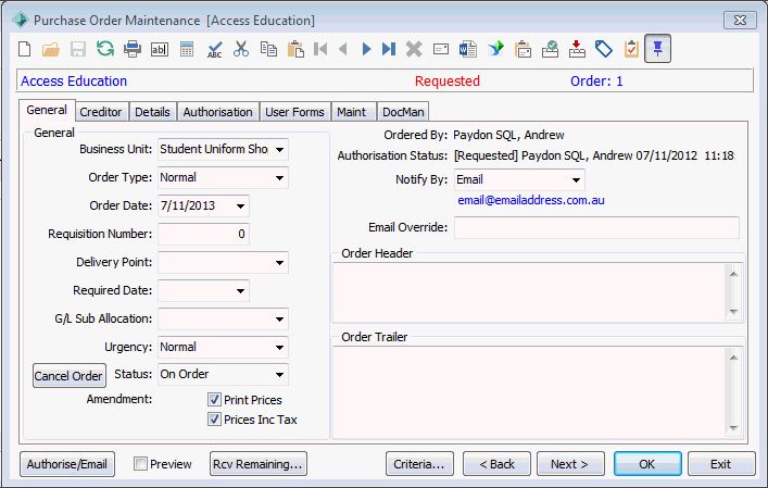 Purchase Order Maintenance - General tab
