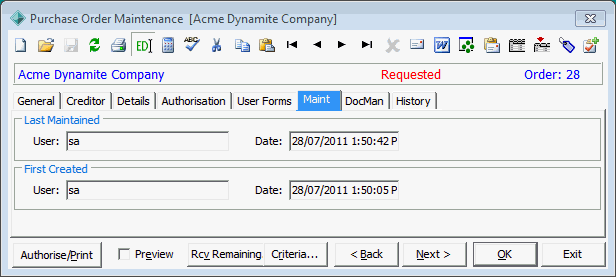 Purchase Order Maintenance - Maint tab
