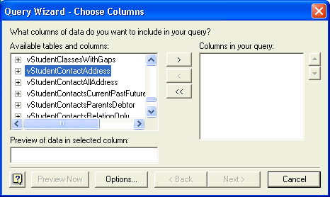 Query Wizard - Choose Columns window