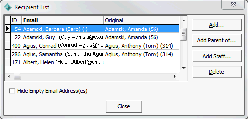 Recipient List window