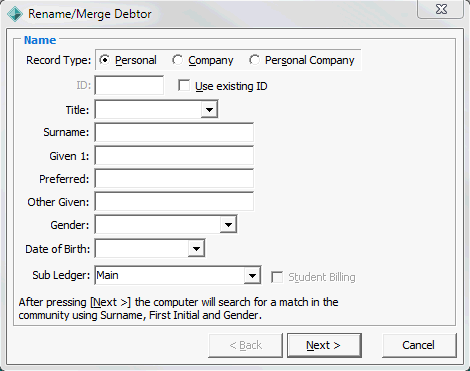Rename/Merge Debtor - Name window
