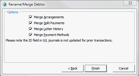 Rename/Merge Debtor - Options window