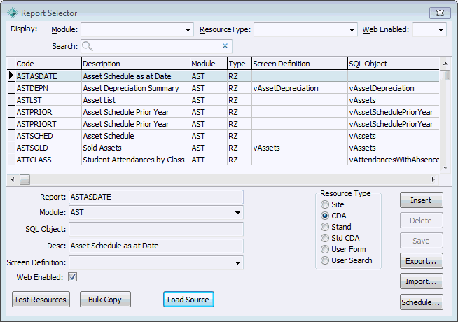 Report Selector window