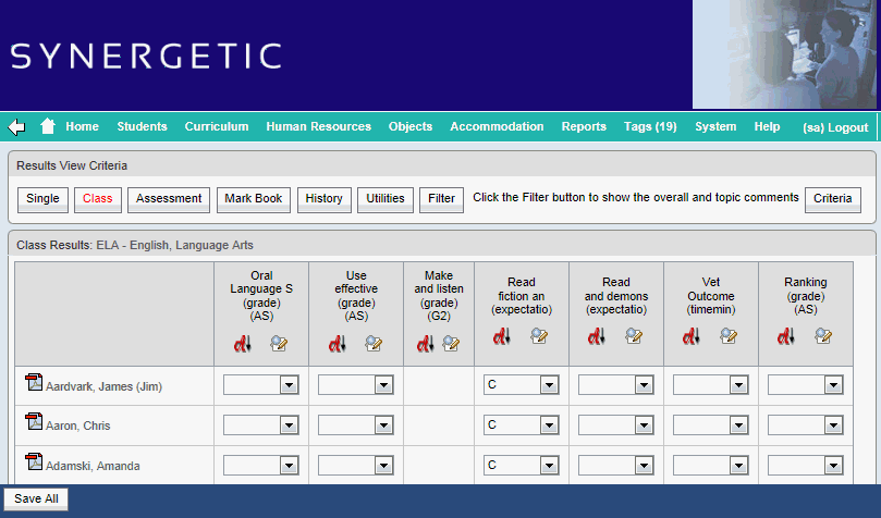 Results Maintenance - All Students tab (synweb but used for Synergetic topic, cut down)
