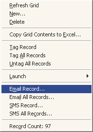 Right mouse grid (Email Record highlighted)