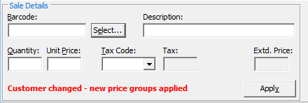 Sales Entry - Sale Details area (customer changed new price groups warning)