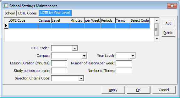 School Settings Maintenance window - LOTE by Year Level tab