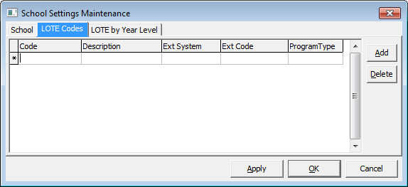 School Settings Maintenance window - LOTE Codes tab