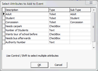 Select Attributes to Add to the Event window