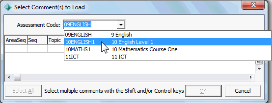 Select Comment(s) to Load window (Assessment Code field)