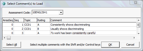 Select Comment(s) to Load window