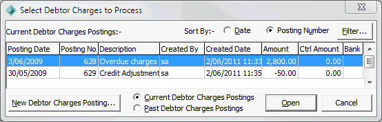 Select Debtor Charges To Process window
