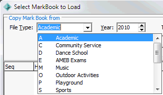 Select MarkBook to Load window (File Type)