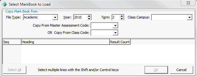 Select MarkBook to Load window (populated, Assessments and reports)