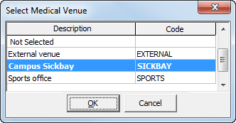 Select Medical Venue window
