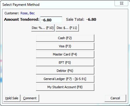 Select Payment method window (returned)