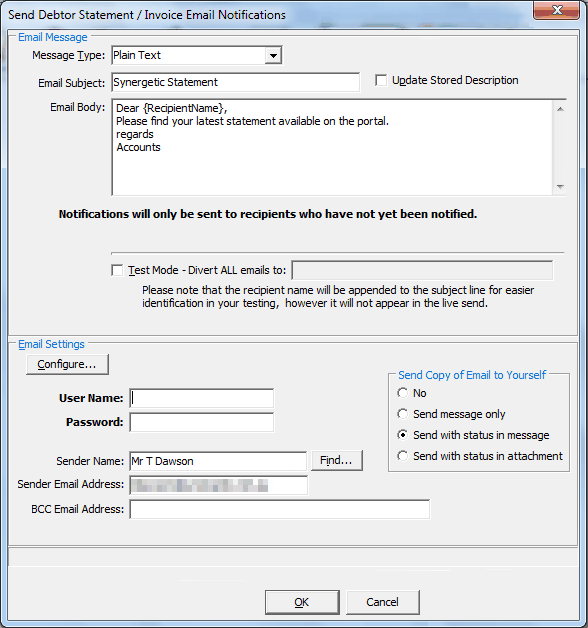 Send Debtor Statement Invoice Email Notifications window