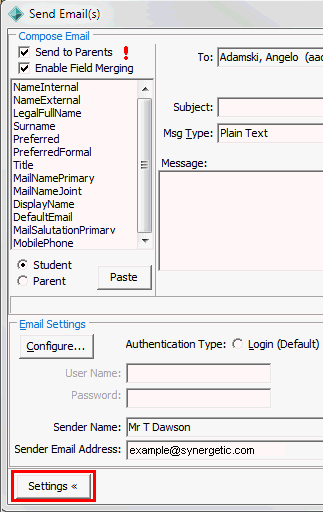 Send Email(s) window (cut down, Settings button highlighted)