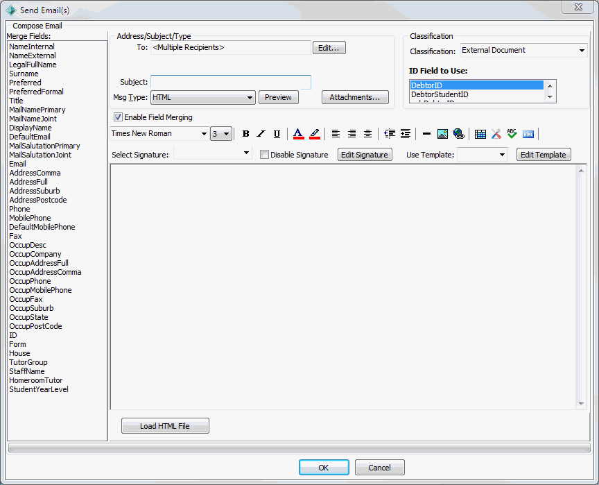 Send Email(s) window (debtors, not populated)