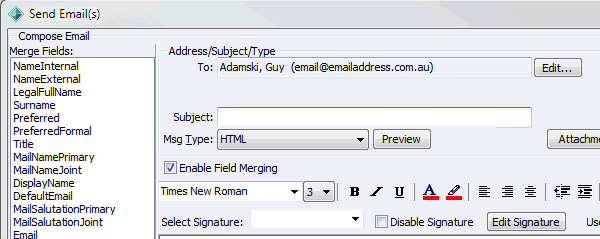 Send Email(s) window (to single person, cut down)