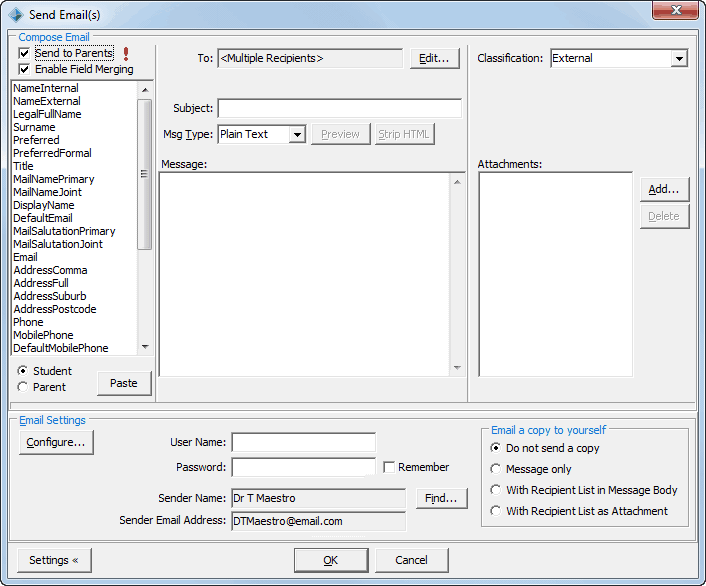 Send Email(s) window (unpopulated)