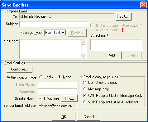 Send Email(s) window
