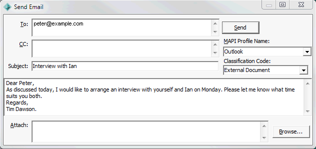 Send Email window (populated)