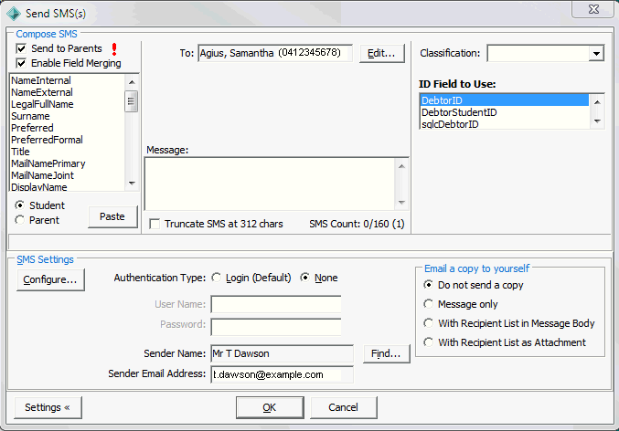 Send SMS(s) window (Angelo Adamski, Send SMS window, cut down)
