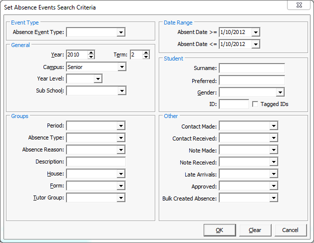 Set Absence Events search Criteria window