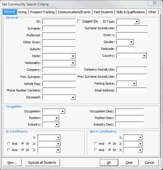 Set Community Search Criteria window