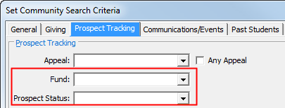 Set Community Search Criteria - Prospect Tracking tab (wn cutdown)