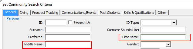 Set Community Search Criteria window (after renaming fields)