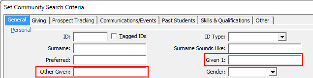 Set Community Search Criteria window (before renaming fields)