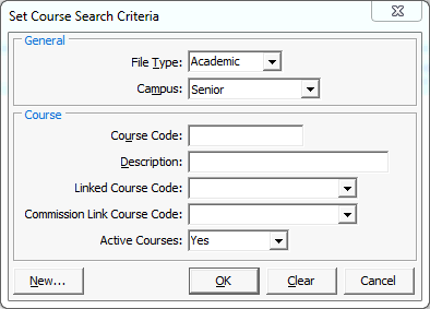 Set Course Search Criteria window