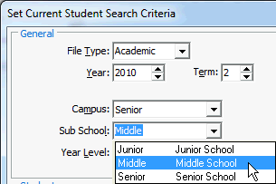 Set Current Student Search Criteria window (cut down)