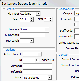 Set Current Student Search Criteria window (cut down)