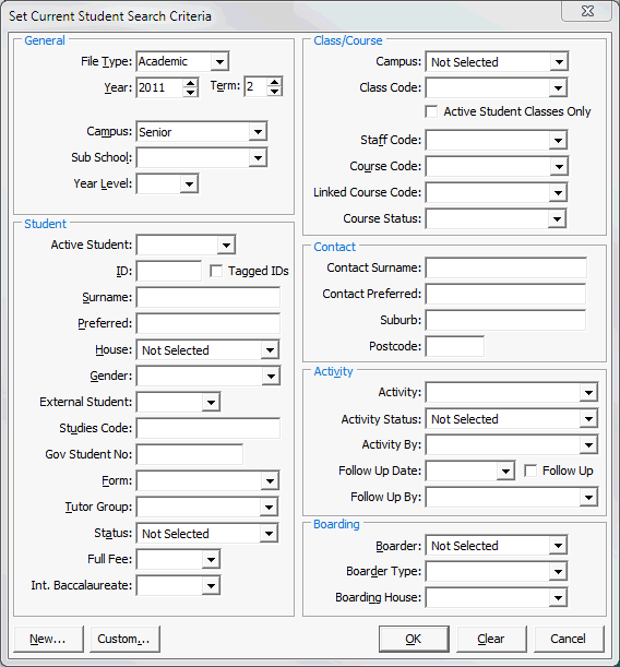 Set Current Student Search Criteria window