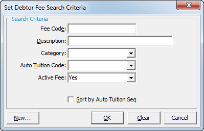 Set Debtor Fee Search Criteria window