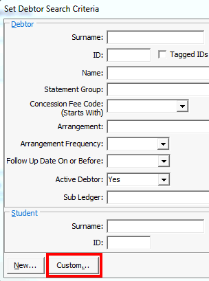 Set Debtor Search Criteria (custom search button)