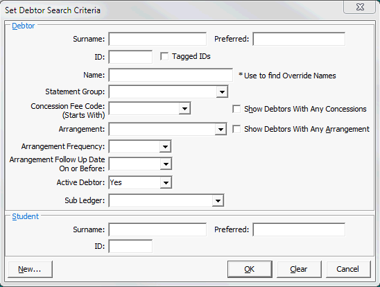 Set Debtor Search Criteria window
